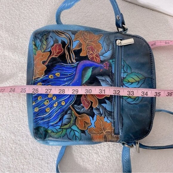 Vintage 90’s Biacci Hand Painted Peacock On Leather Crossbody Shoulder Bag Purse - Picture 15 of 16